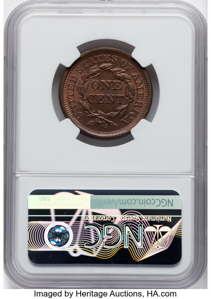 image for: 1856 Upright 5, N-10 1c NGC MS63 BN CAC