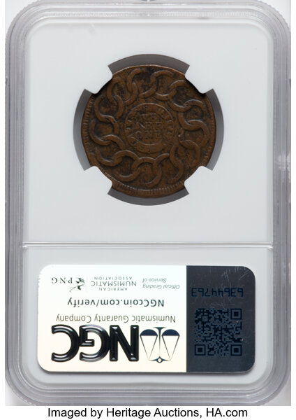 image for: 1787 Fugio Cent, STATES UNITED, 4 Cinquefoils, Pointed Rays, N. 9-P, W-6755, R.4, XF40 NGC....