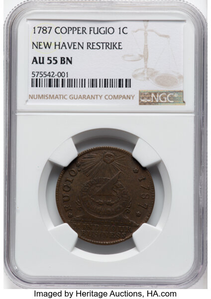 image for: 1787 1C Fugio Cent, New Haven Restrike, Copper, N. 104-FF, W-17560, R.3, AU55 NGC. NGC Census: (9/72)....