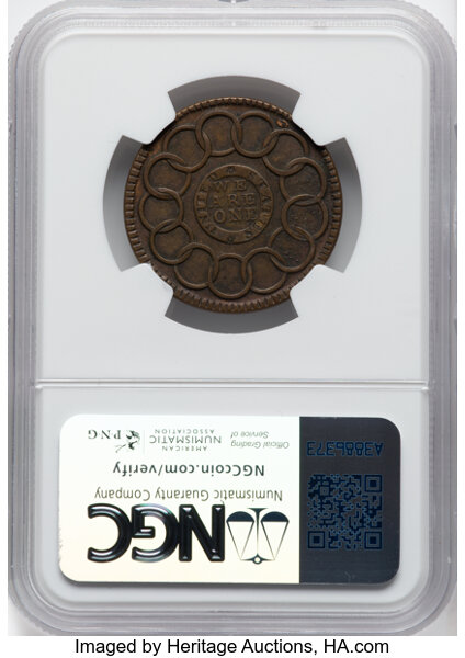 image for: 1787 1C Fugio Cent, New Haven Restrike, Copper, N. 104-FF, W-17560, R.3, AU55 NGC. NGC Census: (9/72)....