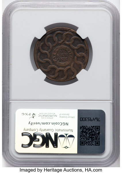 image for: 1787 Fugio Cent, STATES UNITED, 4 Cinquefoils, Pointed Rays, N. 20-X, W-7000, R.5, XF40 NGC....