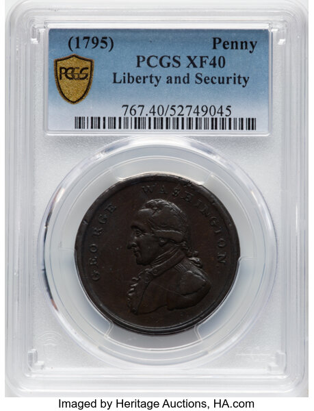 image for: (1795) Washington Liberty & Security Penny, Bust Left, Plain Rims, Asylum Edge, XF40 PCGS. Baker-30, W-11050, GW-45, R.2....