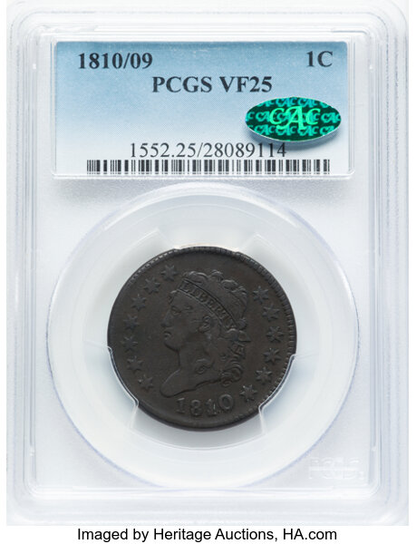 image for: 1810/09 1C S-281, B-1, R.1, VF25 PCGS. CAC. PCGS Population: (10/56). CAC Population: (1/12). Mintage 1,458,500.Ex: Lon...