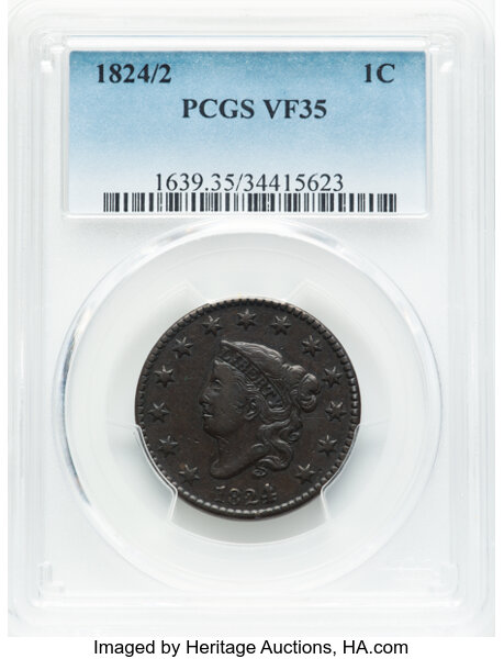 image for: 1824/2 1C N-1, R.1, VF35 PCGS. PCGS Population: (1/30).  Mintage 1,262,000....