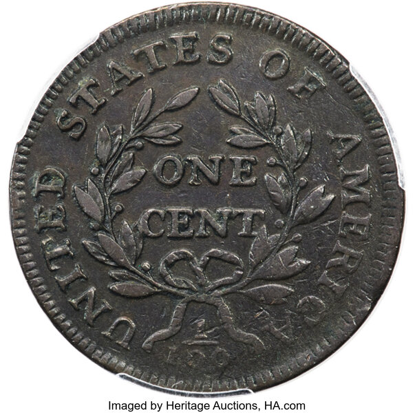 image for: 1797 1C Reverse of 1797, No Stems, S-131, B-27, R.2, VF35 PCGS. Breen Die State I, with the die break behind Liberty's head...