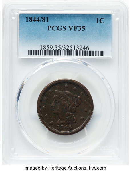 image for: 1844/81 1C N-2, R.2, VF35 PCGS. Mintage 2,398,752....