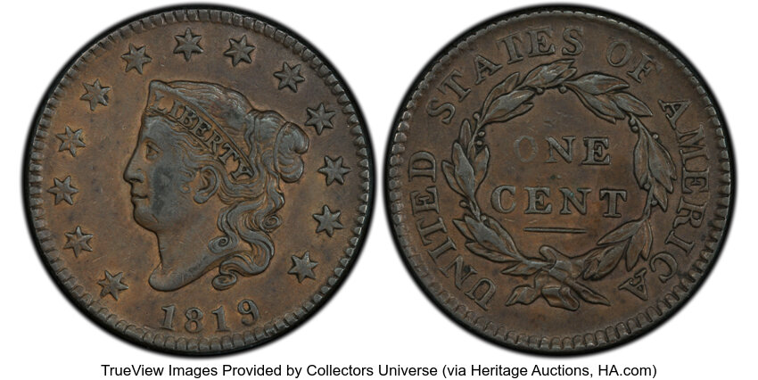 image for: 1819 1C Small Date, N-6, R.1, XF45 PCGS. CAC. CAC Population: (2/47)....