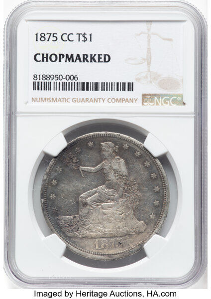 image for: 1875-CC T$1 Chopmarked NGC. V8. Type One Reverse. Large CC....