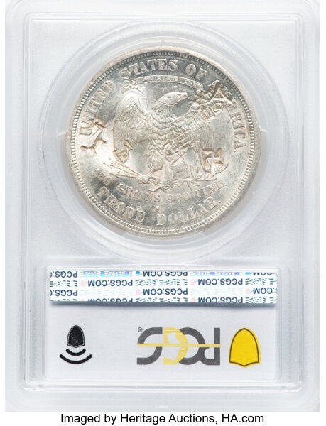 image for: 1873-S T$1 Chop Mark AU58 PCGS. PCGS Population: (6/19).  Mintage 703,000. ...