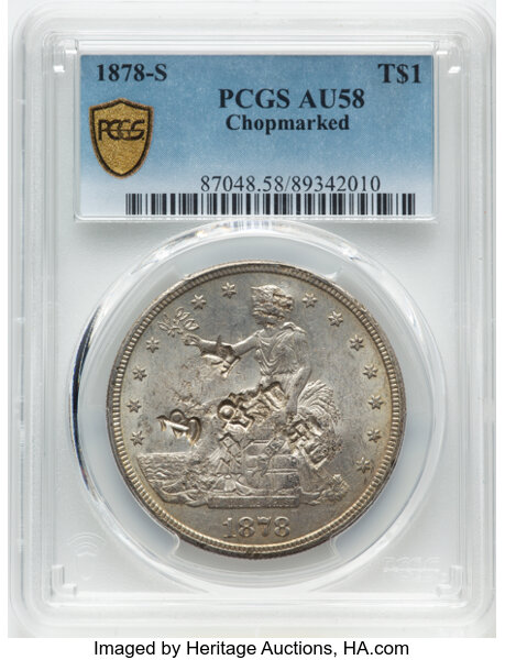 image for: 1878-S T$1 Chop Mark AU58 PCGS. PCGS Population: (17/9).  ...