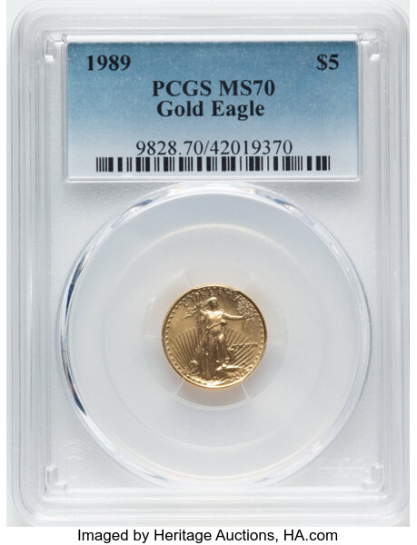 image for: 1989 $5 Tenth-Ounce Gold Eagle MS70 PCGS.  Mintage 264,790. ...