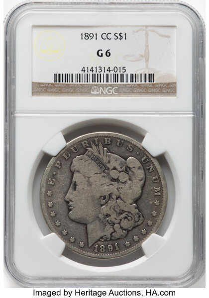 1891-CC $1 Good 6 NGC. Mintage 1,618,000. ...