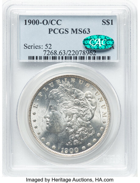 image for: 1900-O/CC $1 VAM-12 MS63 PCGS. CAC. A Top 100 Variety. CAC Population: (163/474). Mintage 12,590,000....