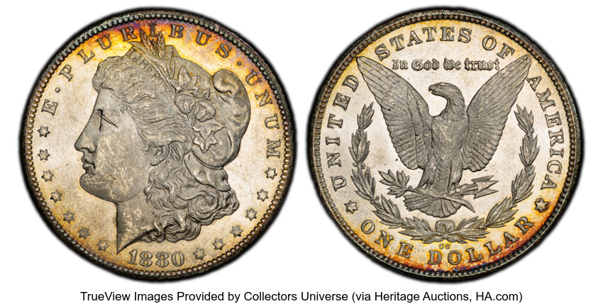 image for: 1880-CC $1 8 Over High 7, VAM-5, MS63 PCGS. A Top 100 Variety....