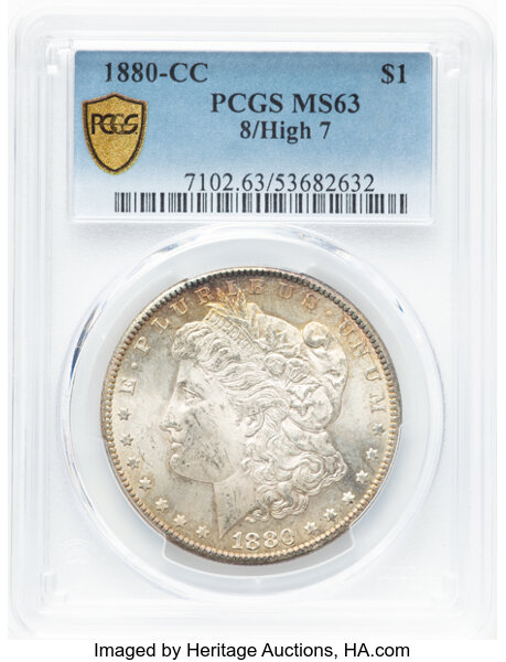image for: 1880-CC $1 8 Over High 7, VAM-5, MS63 PCGS. A Top 100 Variety....