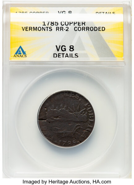 image for: 1785 Vermont Copper, VERMONTS, RR-2, Bressett 1-A, W-2005, R.2 -- Corroded -- ANACS Details. VG8....