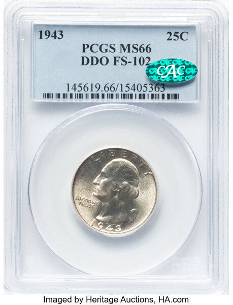 image for: 1943 25C Doubled Die Obverse, FS-102, MS66 PCGS. CAC. PCGS Population: (12/2). CAC Population: (1/0). ...