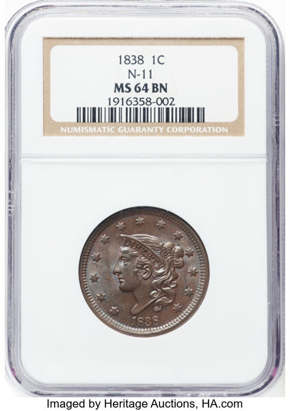 image for: 1838 1C N-11, R.2, MS64 Brown NGC. NGC Census: (4/3).  Mintage 6,370,200. ...