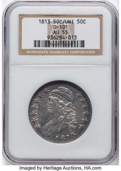 image for: 1813 50C 50 C Over UNI, O-101, R.1, AU55 NGC. NGC Census: (7/9).  Mintage 1,241,903. ...