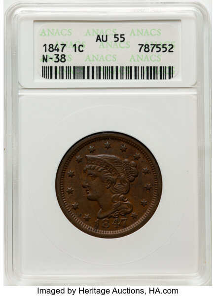 image for: 1847 1C N-38, N-16, R.1, AU55 ANACS. Housed in a small-sized holder. Mintage 6,183,669....