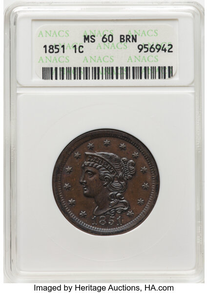 image for: 1851 1C N-1, R.3, MS60 Brown ANACS. Housed in a small-sized holder. Mintage 9,889,707....