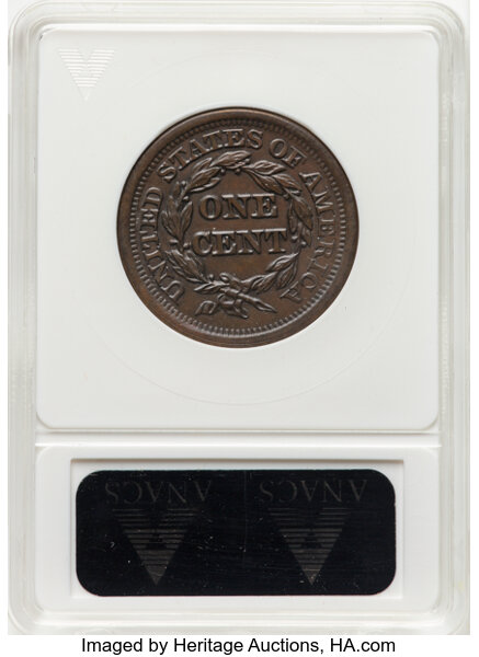 image for: 1851 1C N-1, R.3, MS60 Brown ANACS. Housed in a small-sized holder. Mintage 9,889,707....