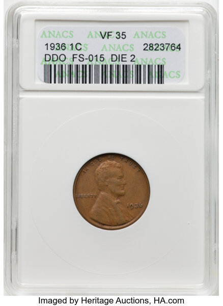 image for: 1936 1C Doubled Die Obverse, FS-101, VF35 ANACS. Incorrectly attributed as FS-015 Die 2 by ANACS. Housed in a small-sized h...