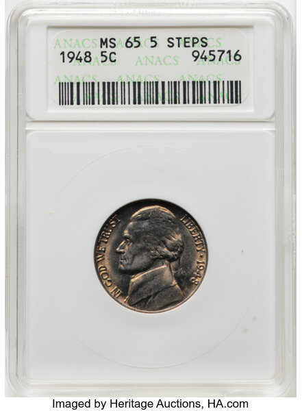 image for: 1948 5C MS65 Full Steps ANACS.  Housed in a small-sized holder....