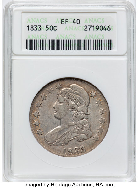 image for: 1833 50C O-110, R.1, XF40 ANACS. Housed in a small-sized holder. Mintage 5,206,000....