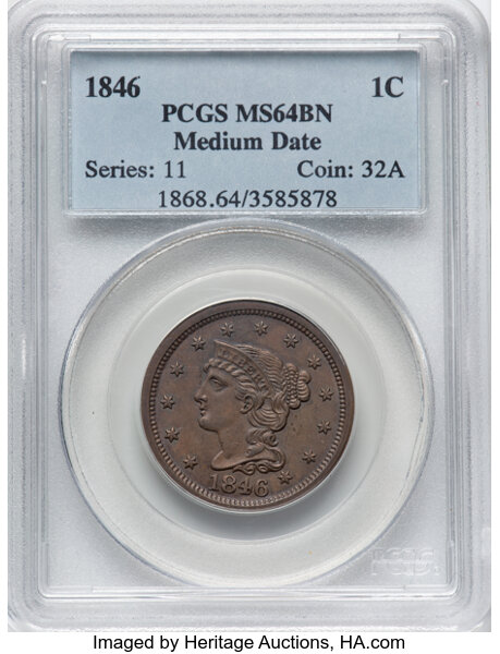 image for: 1846 1C Medium Date, N-11, R.1, MS64 Brown PCGS. PCGS Population: (3/0)....
