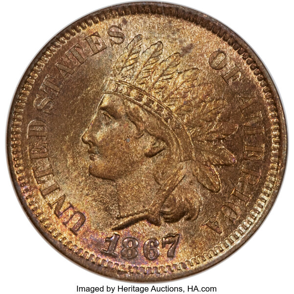image for: 1867/67 1C Snow-1b, FS-301, MS65 Red and Brown NGC. The late die state, with tiny rust lumps on the cheek in front of the l...