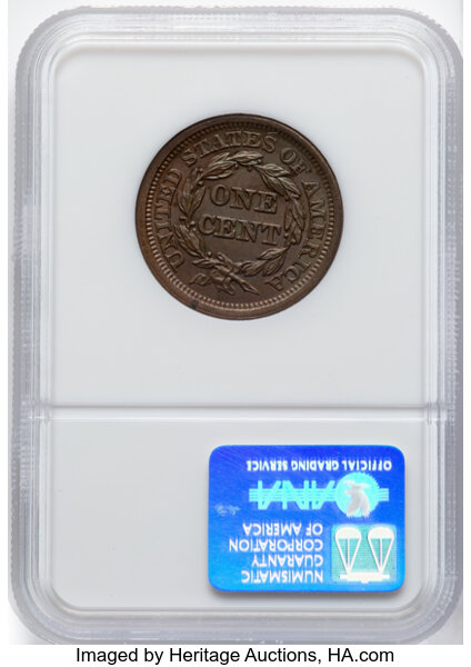 image for: 1854 1C N-26, R.3, MS63 Brown NGC.  Mintage 4,236,156....