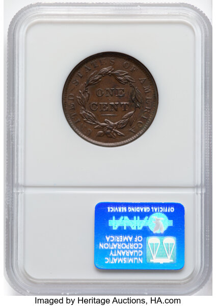 image for: 1838 1C N-5, R.1, MS61 Brown NGC. NGC Census: (28/341).  Mintage 6,370,200....