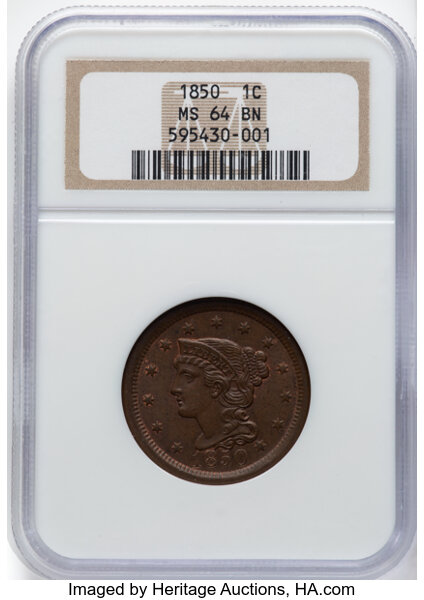 image for: 1850 1C N-7, R.2, MS64 Brown NGC.  Mintage 4,426,844....