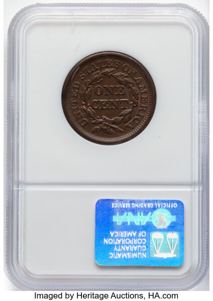 image for: 1850 1C N-7, R.2, MS64 Brown NGC.  Mintage 4,426,844....