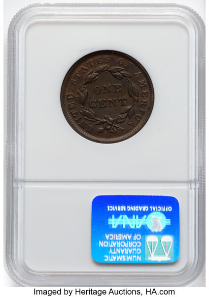 image for: 1839 1C Booby Head, N-6, R.2, MS62 Brown NGC. NGC Census: (2/2).  Mintage 3,128,661. ...