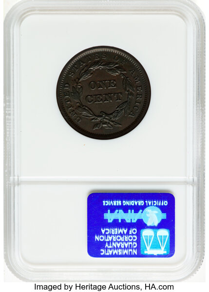 image for: 1843 1C Petite Head, Small Letters, N-2, N-7, R.1, MS62 Brown NGC. NGC Census: (5/8).  Mintage 2,425,342. ...