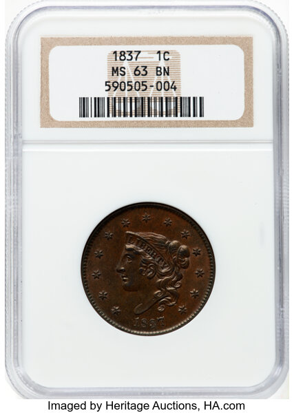 image for: 1837 1C Plain Cords, Medium Letters, N-6, R.2, MS63 Brown NGC. Mintage 5,558,300....