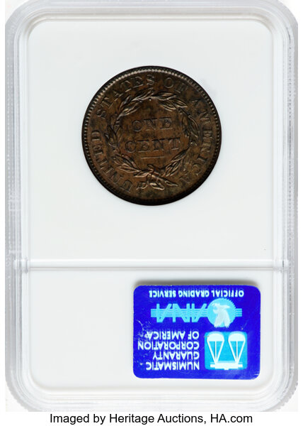 image for: 1837 1C Plain Cords, Medium Letters, N-6, R.2, MS63 Brown NGC. Mintage 5,558,300....