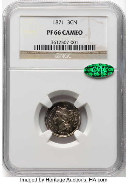 image for: 1871 3CN PR66 Cameo NGC. CAC. NGC Census: (13/2). CAC Population: (7/3). Mintage 960. ...