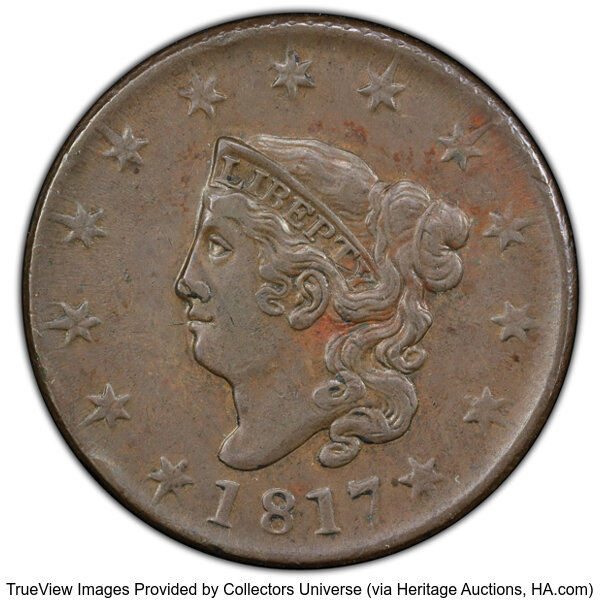 image for: 1817 1C 13 Stars, N-10, R.1, XF45 PCGS. PCGS Population: (37/374 and 0/11+).  Mintage 3,948,400....