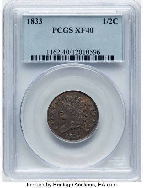 image for: 1833 1/2 C C-1, B-1, R.1, XF40 PCGS. PCGS Population: (79/818).  Mintage 120,000....