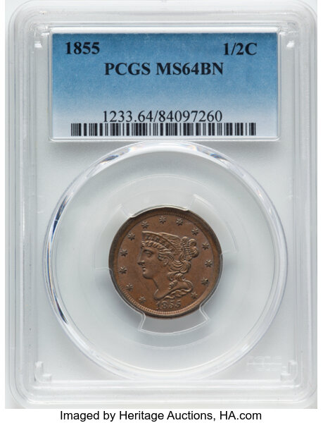 image for: 1855 1/2 C C-1, B-1, R.1, MS64 Brown PCGS.  Mintage 56,500....