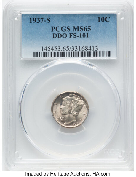 image for: 1937-S 10C Doubled Die Obverse, FS-101, MS65 PCGS. PCGS Population: (11/23).  Mintage 9,740,000. ...