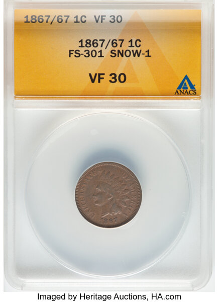 image for: 1867/67 1C Snow-1, FS-301, VF30 ANACS.  ...