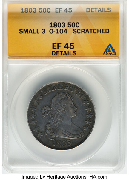image for: 1803 50C Small 3, Large Reverse Stars, O-104, T-4, R.3 -- Scratched -- ANACS Details. XF45....