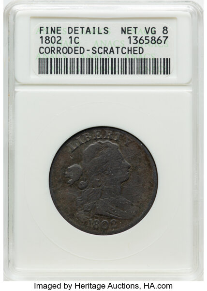 image for: 1802 1C No Stems, S-231, B-9, R.1 -- Corroded - Scratched -- ANACS Details. VG8. Fine Details Net. Housed in a small-si...