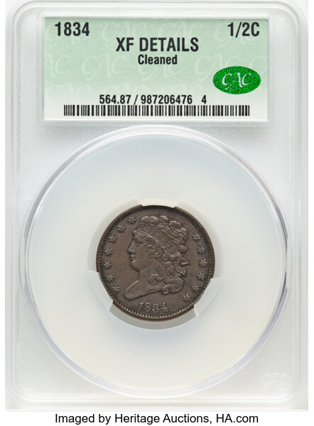 image for: 1834 1/2 C C-1, B-1, R.1 -- Cleaned -- CACG Details. XF. Mintage 141,000....