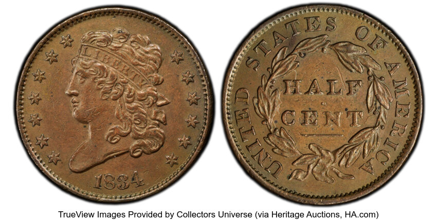 image for: 1834 1/2 C C-1, B-1, R.1, AU58 PCGS.  Mintage 141,000....