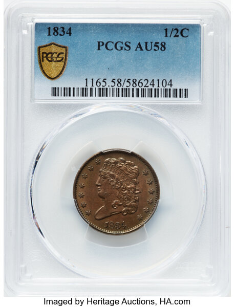 image for: 1834 1/2 C C-1, B-1, R.1, AU58 PCGS.  Mintage 141,000....
